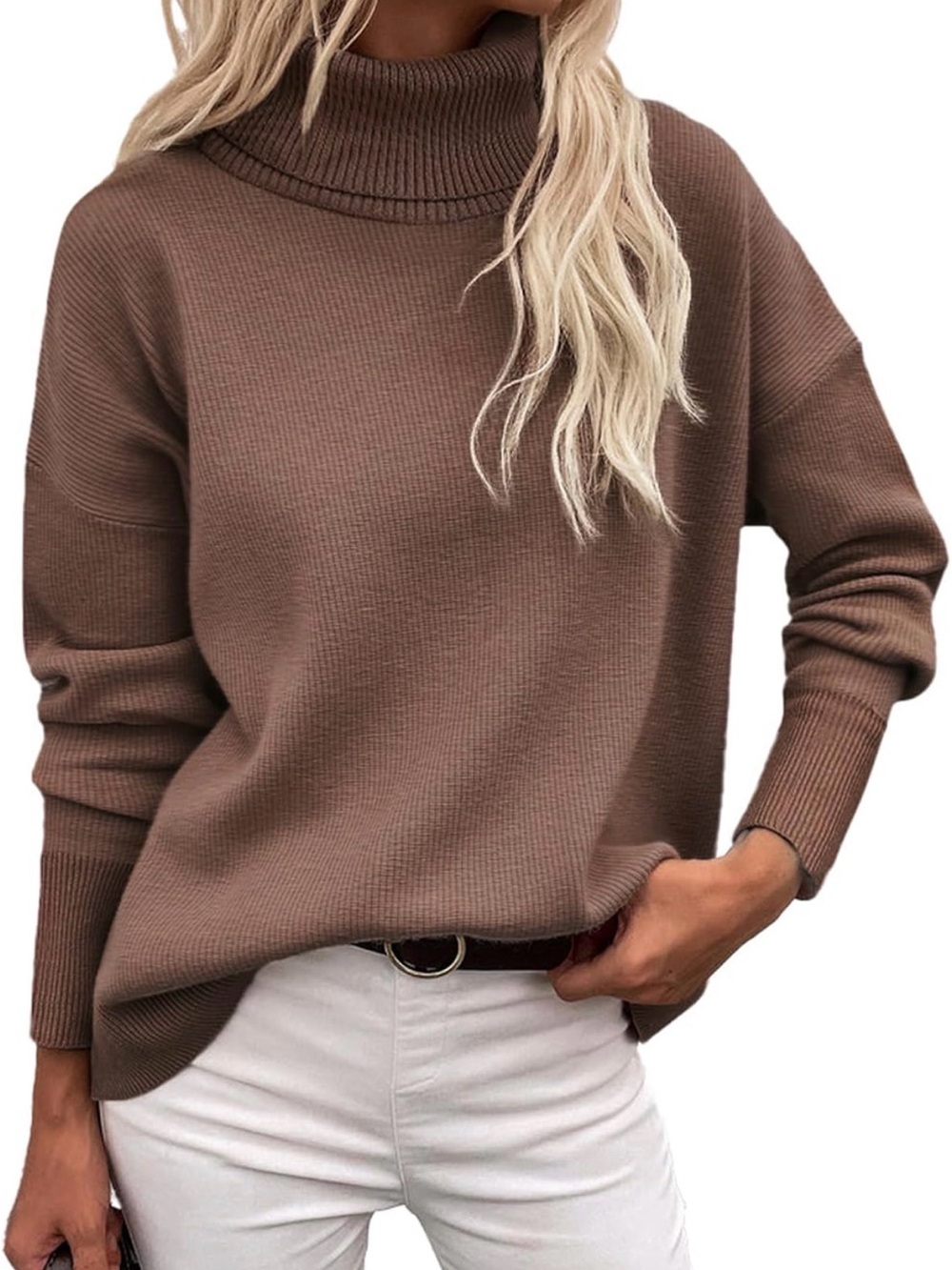 zeagoo Women's Brown Ribbed Turtleneck Sweater LARGE